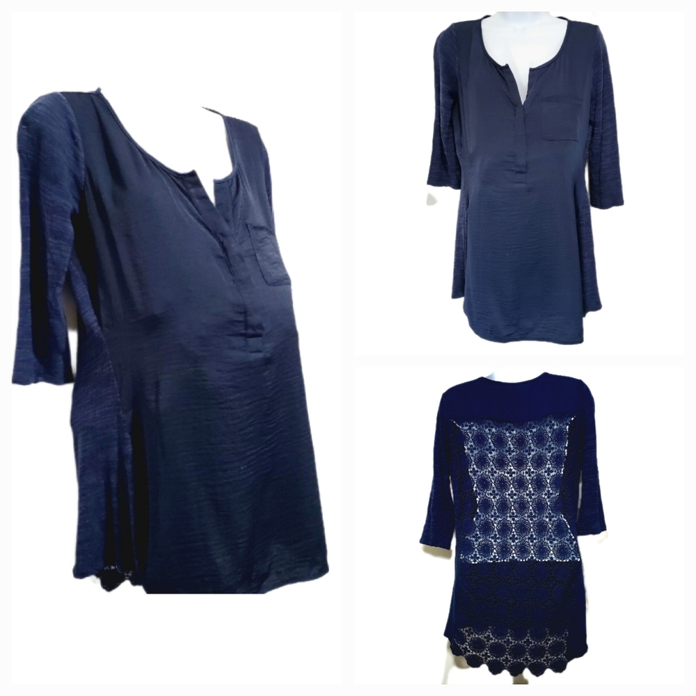 A Pea In The Pod Maternity Navy 3/4 Sleeve Tunic Top Blouse Lace Back Size S EUC